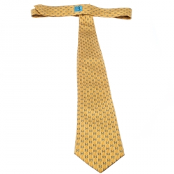 Pre Owned Hermes Yellow Geometric H Dot Printed Silk Tie