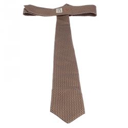 Pre Owned Hermes USB Beige Geometric Print Silk Tie