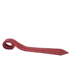 Pre Owned Hermès Red Rice Farmer Print Silk Twill Tie