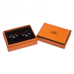 Hermes Dark Blue Street H Lacquered Palladium Plated Cufflinks
