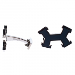 Hermes Dark Blue Street H Lacquered Palladium Plated Cufflinks
