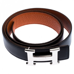 مملوكة مسبقًا Hermes Black/Orange Leather Constance 2 Reversible Buckle Belt 105CM