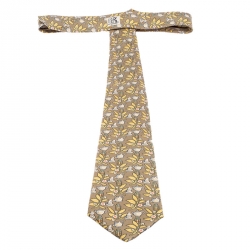 Pre Owned Hermes Beige And Yellow Teapot Print Classic Silk Tie