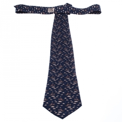 Pre Owned Hermès Navy Blue Pegasus and Cloud Print Silk Twill Tie