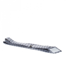 Pre Owned Hermès Vintage Grey Grid Print Silk Twill Tie 