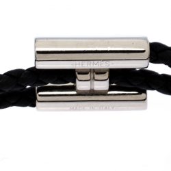 Hermès Tournis Tresse Black Leather Palladium Plated Bracelet