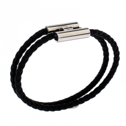 Hermès Tournis Tresse Black Leather Palladium Plated Bracelet