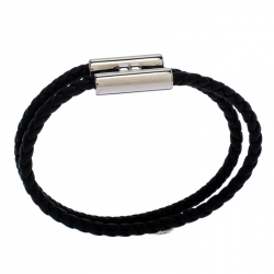 Hermès Tournis Tresse Black Leather Palladium Plated Bracelet