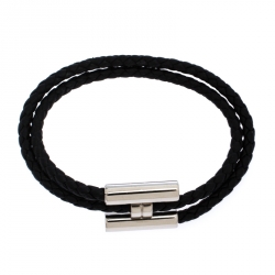 Hermès Tournis Tresse Black Leather Palladium Plated Bracelet