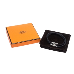 Hermes Tournis Tresse Noir Leather Palladium Plated Adjustable Bracelet