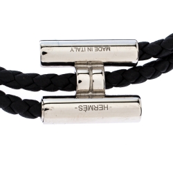 Hermes Tournis Tresse Noir Leather Palladium Plated Adjustable Bracelet