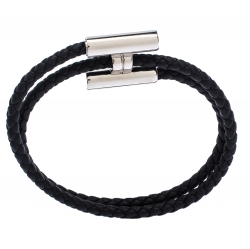 Hermes Tournis Tresse Noir Leather Palladium Plated Adjustable Bracelet