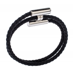 Hermes Tournis Tresse Noir Leather Palladium Plated Adjustable Bracelet