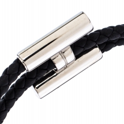 Hermes Tournis Tresse Noir Leather Palladium Plated Adjustable Bracelet