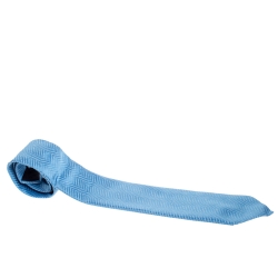 Pre Owned Hermès Sky Blue Chevron Patterned Jacquard Silk Tie