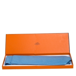 Pre Owned Hermès Sky Blue Chevron Patterned Jacquard Silk Tie