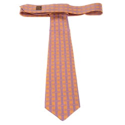 Pre Owned Hermes Orange & Purple H Patterned Jacquard Traditional Silk Tie
