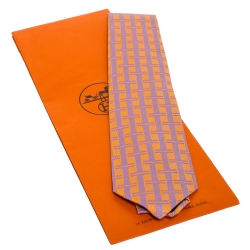 Pre Owned Hermes Orange & Purple H Patterned Jacquard Traditional Silk Tie