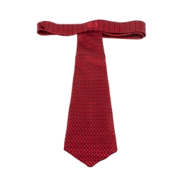 Pre Owned Hermès Red Interlocking Link Print Silk Twill Tie