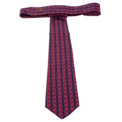 Pre Owned Hermès Red and Blue H Patterned Jacquard Silk Tie