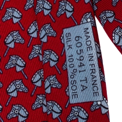 Pre Owned Hermes Red Horse Print Silk Tie