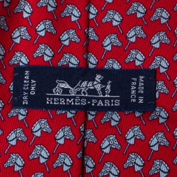 Pre Owned Hermes Red Horse Print Silk Tie