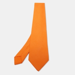 Pre Owned Hermes Orange Faconnee H Silk Jacquard Classic Tie