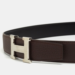 Hermès Black/Moka Chamonix and Togo Leather H Buckle Belt 110CM