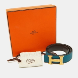 Pre Owned Hermes Izmir/Chocolat Togo and Chamonix Leather H Striee Buckle Reversible Belt 100 CM