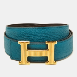 Pre Owned Hermes Izmir/Chocolat Togo and Chamonix Leather H Striee Buckle Reversible Belt 100 CM