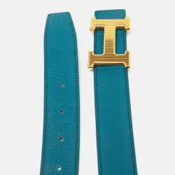Pre Owned Hermes Izmir/Chocolat Togo and Chamonix Leather H Striee Buckle Reversible Belt 100 CM