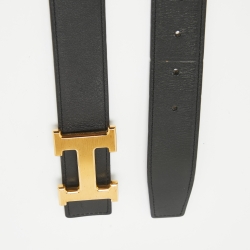 Hermes Black Epsom and Swift Leather H Buckle Belt 95CM