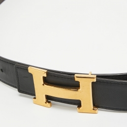 Hermes Black Epsom and Swift Leather H Buckle Belt 95CM