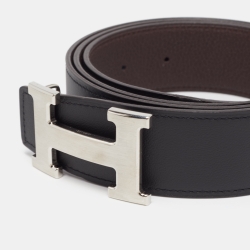Pre Owned Hermes Noir/Chocolat Swift and Togo Leather H Brushed Buckle Reversible Belt 100 CM
