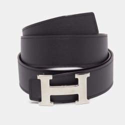 Pre Owned Hermes Noir/Chocolat Swift and Togo Leather H Brushed Buckle Reversible Belt 100 CM