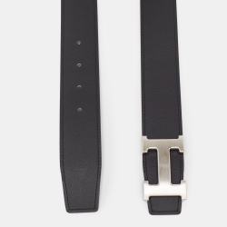 Pre Owned Hermes Noir/Chocolat Swift and Togo Leather H Brushed Buckle Reversible Belt 100 CM