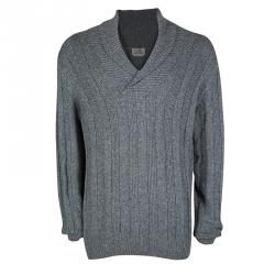 Hermes Grey Cashmere Chunky Knit Shawl Collar Detail Sweater 3XL