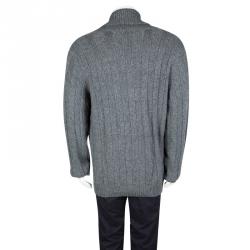 Hermes Grey Cashmere Chunky Knit Shawl Collar Detail Sweater 3XL