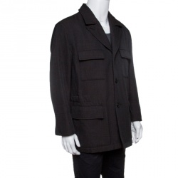 Hermes Commande Particuliere Grey Wool Gabardine Button Front Coat XL