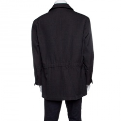 Hermes Commande Particuliere Grey Wool Gabardine Button Front Coat XL