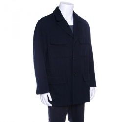 Hermes Commande Particuliere Navy Blue Wool Gabardine Button Front Coat XL      