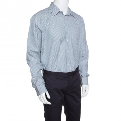 Pre Owned Hermès Grey and White Striped Cotton H Embroidered Long Sleeve Shirt 2XL