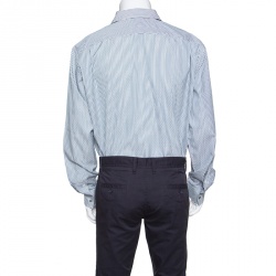 Pre Owned Hermès Grey and White Striped Cotton H Embroidered Long Sleeve Shirt 2XL