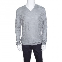 Hermes Grey H Pattern Silk Jacquard Knit V Neck Pullover XL 