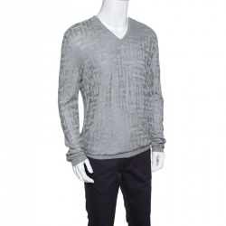 Hermes Grey H Pattern Silk Jacquard Knit V Neck Pullover XL 