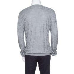 Hermes Grey H Pattern Silk Jacquard Knit V Neck Pullover XL 