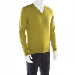 Hermes Lime Green Cashmere Silk Long Sleeve V Neck Sweater L