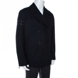 Hermes Navy Blue Wool Reversible Double Breasted Coat L