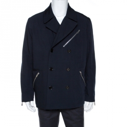 Hermes Navy Blue Wool Reversible Double Breasted Coat L