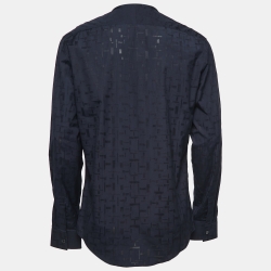 Pre Owned Hermes Navy Blue Patterned Cotton Round Neck Shirt L